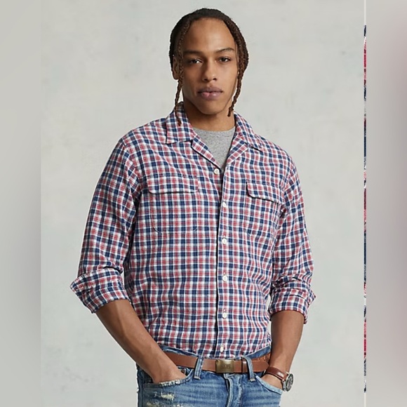 Polo Country Ralph Lauren Men’s Large Classic Fit Indigo Plaid Camp Shirt Casual - Picture 14 of 16